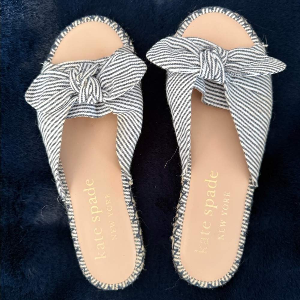 Kate Spade dark navy and White Striped Bow Mules